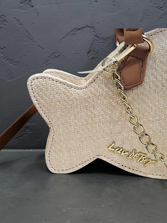 Betsey Johnson Beige  Fish-Shaped Crossbody Bag Wicker with Brown Trim - Picture 9 of 10